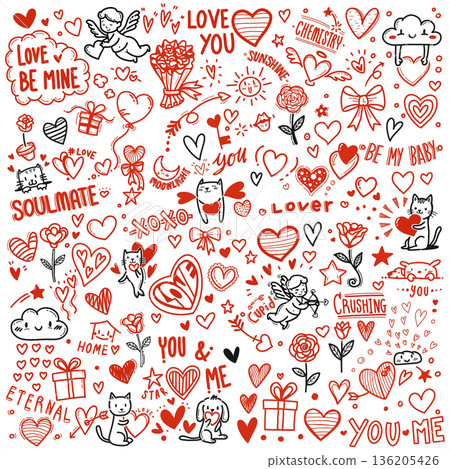 set of cute drawing cartoon of Valentine with heart, cupid, pet, text outline isolated on white background 136205426