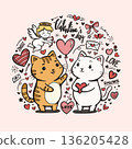 cute drawing cartoon of Valentine with two cat, heart, cupid, balloon, love letter, text outline isolated on pink background 136205428
