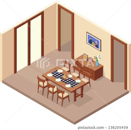 Rustic style dining room illustration Rustic style dining room illustration 136205439