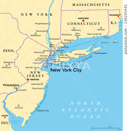 New York metropolitan area, political map. Also called Greater New York or Tri-State area, comprising New York City, North and Central New Jersey, Hudson Valley, and Southwestern Connecticut. Vector New York metropolitan area, political map. Also called Greater New York or Tri-State area, comprising New York City, North and Central New Jersey, Hudson Valley, and Southwestern Connecticut. Vector 136205442
