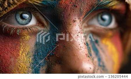 A person's face richly covered in vibrant red, blue, and yellow powder, celebrating the Hindu Holi festival, also known as the festival of colors. The colors symbolize love and new beginnings. 136205444