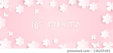 A delicate floral background for spring and summer designs. A banner with white paper flowers on a pink background. A delicate floral background for spring and summer designs. A banner with white paper flowers on a pink background. 136205491