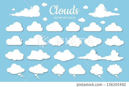 A set of flat clouds with a shadow in cartoon style. Vector of white clouds of different shapes and sizes on a blue background. A set of flat clouds with a shadow in cartoon style. Vector of white clouds of different shapes and sizes on a blue background. 136205492