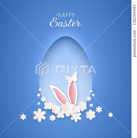 Happy Easter card with rabbit ears, flowers and a butterfly on a blue background with an egg. A greeting card. Happy Easter card with rabbit ears, flowers and a butterfly on a blue background with an egg. A greeting card. 136205493