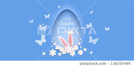 Happy Easter card with rabbit ears, flowers and a butterfly on a blue background with an egg. A holiday banner. Happy Easter card with rabbit ears, flowers and a butterfly on a blue background with an egg. A holiday banner. 136205495