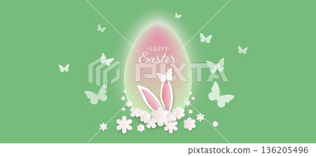 Happy Easter card with rabbit ears, flowers and a butterfly on a green background with a pink egg. Happy Easter card with rabbit ears, flowers and a butterfly on a green background with a pink egg. 136205496