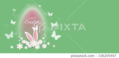 Happy Easter banner with rabbit ears, flowers and a butterfly on a green background with a pink egg 136205497