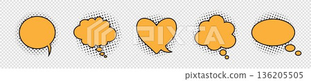 A set of five orange speech bubbles and clouds of thoughts in different shapes for comics, conversations, and idea presentations. 136205505