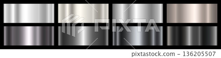 A set of metallic silver, platinum and black gradients. A collection of eight shades of silver. A set of metallic silver, platinum and black gradients. A collection of eight shades of silver. 136205507