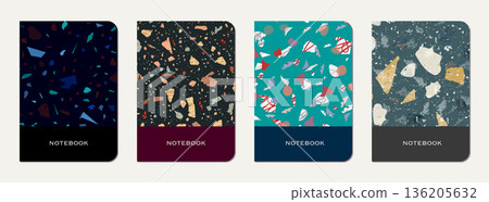 School diary cover design. Terrazzo abstract background made of natural stones, granite, quartz and marble. Venetian terrazzo texture school diary template. School diary cover design. Terrazzo abstract background made of natural stones, granite, quartz and marble. Venetian terrazzo texture school diary template. 136205632