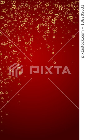 Christmas stars vector overlay. Magic stars luxury sparkling confetti. Christmas spirit. Festive stars vector illustration on red background. 136205633