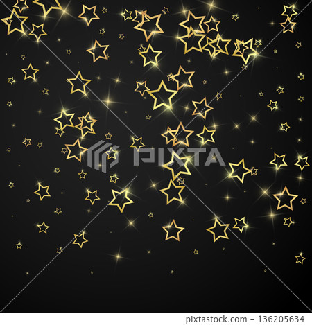 Twinkle stars scattered around randomly, flying, falling down, floating. Christmas celebration concept. Festive stars vector illustration on black background. 136205634