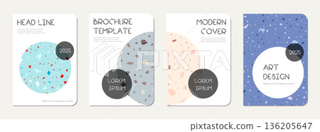 School notebook cover design. Terrazzo abstract background made of natural stones, granite, quartz and marble. Venetian terrazzo texture school notebook template. School notebook cover design. Terrazzo abstract background made of natural stones, granite, quartz and marble. Venetian terrazzo texture school notebook template. 136205647