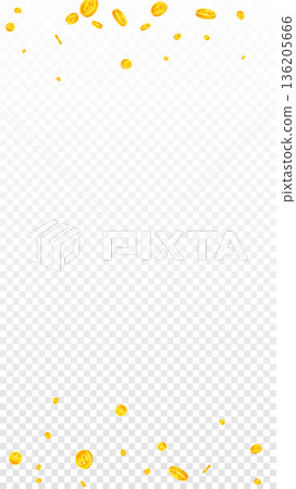 Japanese yen coins falling. Scattered gold JPY coins. Japan money. Global financial crisis concept. Vector illustration. Japanese yen coins falling. Scattered gold JPY coins. Japan money. Global financial crisis concept. Vector illustration. 136205666