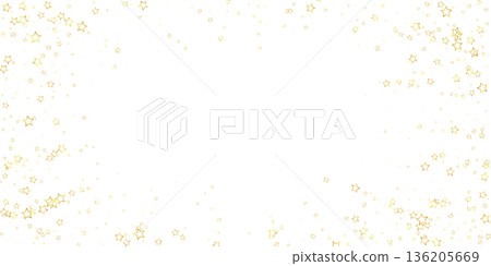 Gold sparkling star confetti. Chaotic dreamy childish overlay template. Festive stars vector illustration on white background. 136205669