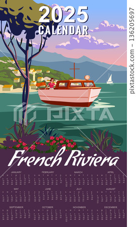 Calendar Monthly 2025 French Riviera Motorboat coast poster vintage 136205697
