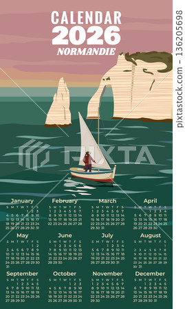 Monthly 2026 Calendar Travel poster Normandie France, vintage seascape rock cliff 136205698
