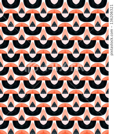 Watercolor Geometric Seamless Pattern with Coral and Black Abstract Triangles Watercolor Geometric Seamless Pattern with Coral and Black Abstract Triangles 136206321