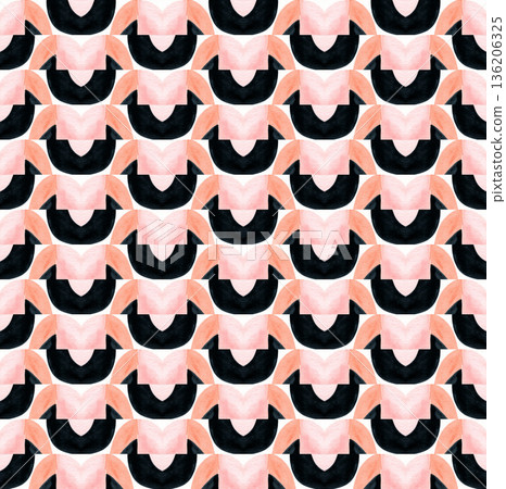 Watercolor Geometric Seamless Pattern with Coral and Black Abstract Triangles 136206325