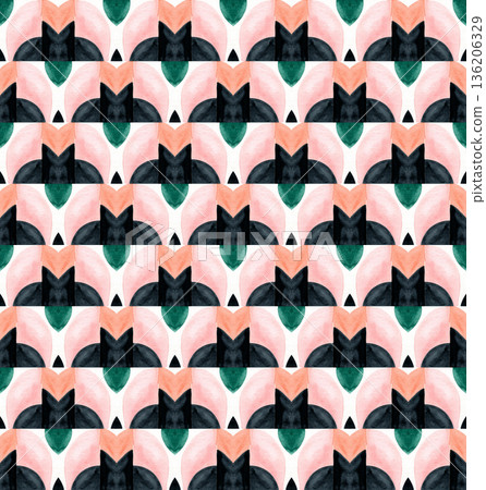 Watercolor Geometric Seamless Pattern with Coral and Black Abstract Triangles Watercolor Geometric Seamless Pattern with Coral and Black Abstract Triangles 136206329