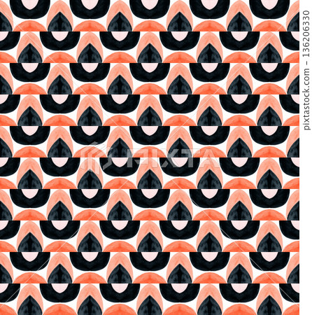 Watercolor Geometric Seamless Pattern with Coral and Black Abstract Triangles 136206330