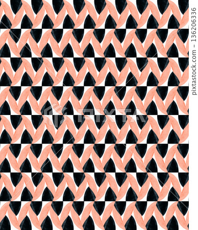 Watercolor Geometric Seamless Pattern with Coral and Black Abstract Triangles 136206336