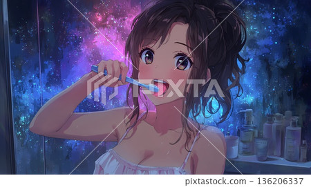 女孩在夜裡刷牙 136206337