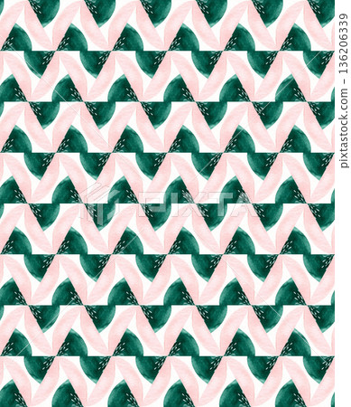 Watercolor Geometric Seamless Pattern with Coral and Black Abstract Triangles 136206339