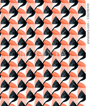 Watercolor Geometric Seamless Pattern with Coral and Black Abstract Triangles 136206340