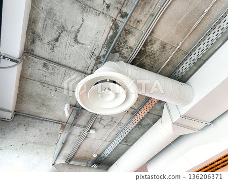 Ceiling Mounted Cassette Air Conditioner with Exposed Ductwork, Modern HVAC System in Commercial Building Interior, Air Conditioning Unit Ceiling Mounted Cassette Air Conditioner with Exposed Ductwork, Modern HVAC System in Commercial Building Interior, Air Conditioning Unit 136206371