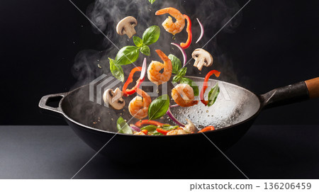 Dynamic wok scene with shrimp and fried vegetables. Gastronomic gourmet image concept 136206459