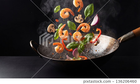 Dynamic wok scene with shrimp and fried vegetables. Gastronomic gourmet image concept 136206460