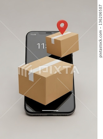 Mobile phone with delivery boxes and location pin for online order tracking. E-commerce application for fast and convenient shipping. Concept of smart logisti 136206587