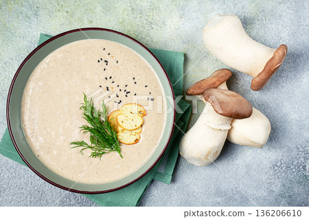 mushroom cream soup, with dill and bruschetta, mushroom eringi, 136206610