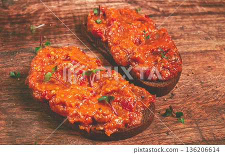 sandwiches, rye bread with eggplant caviar, breakfast, top view, no people, 136206614
