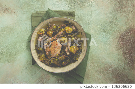 chakapuli, Georgian dish, stewed meat with herbs and tkemali, in white wine, homemade, no people, chakapuli, Georgian dish, stewed meat with herbs and tkemali, in white wine, homemade, no people, 136206620