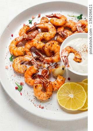 Fried shrimp, headless, with spices, grilled, homemade, no people, 136206621