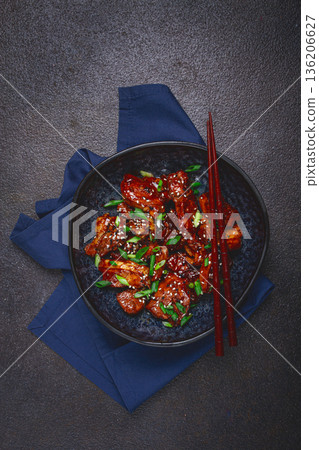 yakitori chicken kebab, on a plate, with green onions and sesame seeds, top view, no people, yakitori chicken kebab, on a plate, with green onions and sesame seeds, top view, no people, 136206627