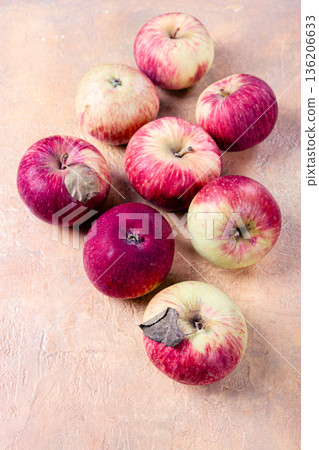 apples scattered on the table, selective focus, yellow - red, summer variety, early, no people, 136206633
