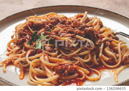 Spaghetti Bolognese, top view, close-up, without people, homemade, Spaghetti Bolognese, top view, close-up, without people, homemade, 136206635