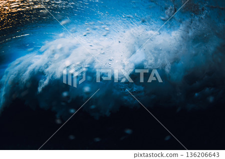 Ocean wave underwater with bubbles and motion, abstract sea energy and natural water texture Ocean wave underwater with bubbles and motion, abstract sea energy and natural water texture 136206643