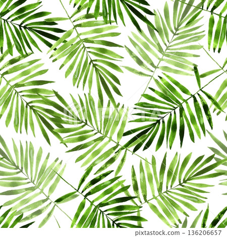Seamless pattern Illustration featuring hand-drawn bright green watercolor palm leaves on white background. Design for summer fashion, vibrant tropical decor or beach accessories. Seamless pattern Illustration featuring hand-drawn bright green watercolor palm leaves on white background. Design for summer fashion, vibrant tropical decor or beach accessories. 136206657