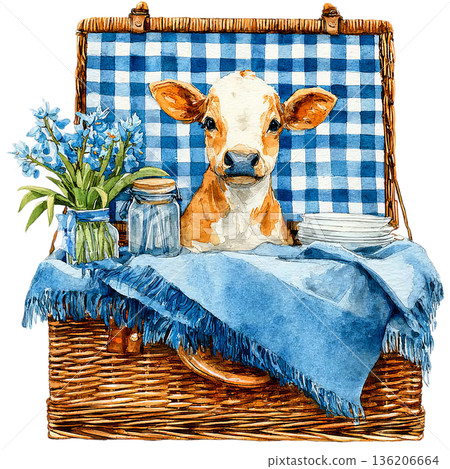 Adorable young calf peeking from a charming picnic basket filled with blue flowers and plates, evoking a sense of whimsical countryside charm for delightful outdoor adventures. 136206664