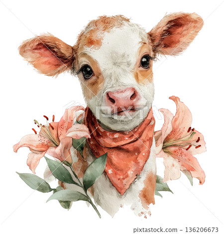 Adorable watercolor baby cow adorned with a rustic bandana and delicate lilies, radiating a charming and gentle farm-fresh appeal for whimsical designs. Adorable watercolor baby cow adorned with a rustic bandana and delicate lilies, radiating a charming and gentle farm-fresh appeal for whimsical designs. 136206673