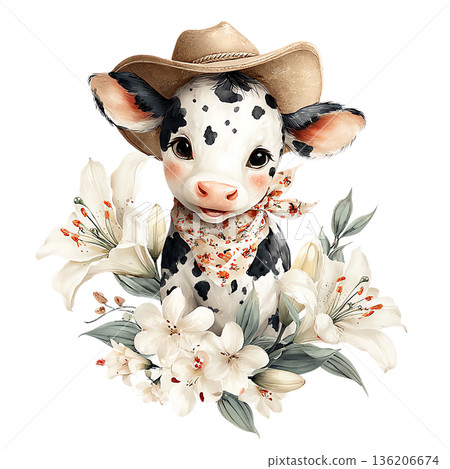 Adorable cowboy calf wearing a bandana and hat, surrounded by elegant white lilies and lush greenery, exuding charm and whimsy for cheerful designs. 136206674
