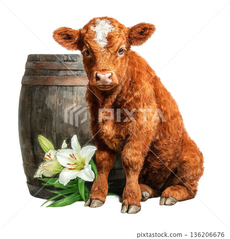 Adorable fluffy brown calf with gentle eyes sits beside an old wooden barrel and delicate white lilies, radiating innocence and rustic charm for charming country or farm-themed projects. Adorable fluffy brown calf with gentle eyes sits beside an old wooden barrel and delicate white lilies, radiating innocence and rustic charm for charming country or farm-themed projects. 136206676