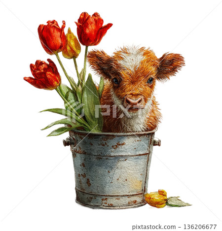 Adorable fluffy highland calf peeking from a rustic bucket filled with vibrant red tulips, evoking springtime charm and gentle farm life. 136206677