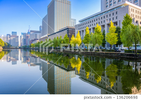 The moat of the Imperial Palace and the skyscrapers of Marunouchi and Otemachi reflected on the water The moat of the Imperial Palace and the skyscrapers of Marunouchi and Otemachi reflected on the water 136206698