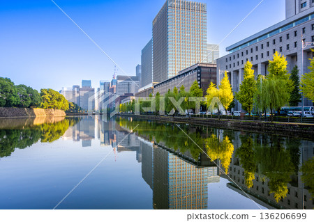 The moat of the Imperial Palace and the skyscrapers of Marunouchi and Otemachi reflected on the water The moat of the Imperial Palace and the skyscrapers of Marunouchi and Otemachi reflected on the water 136206699