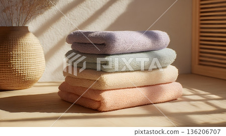 自然光線和柔和色調的毛巾 | 乾淨整潔的生活方式 136206707